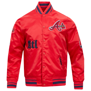 Pro Standard Atlanta Braves Old English Rib Satin Jacket - Men's - Red/Midnight Navy/Red